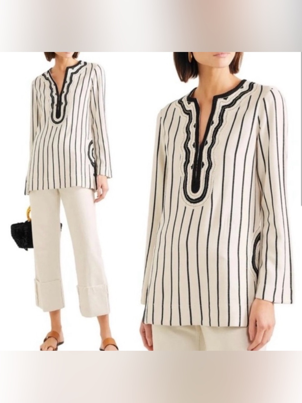 Tory Burch Cream and Black Striped Tunic Top